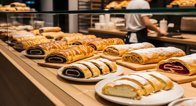 Bakery display of various strudels with sliced portions on plates indoors