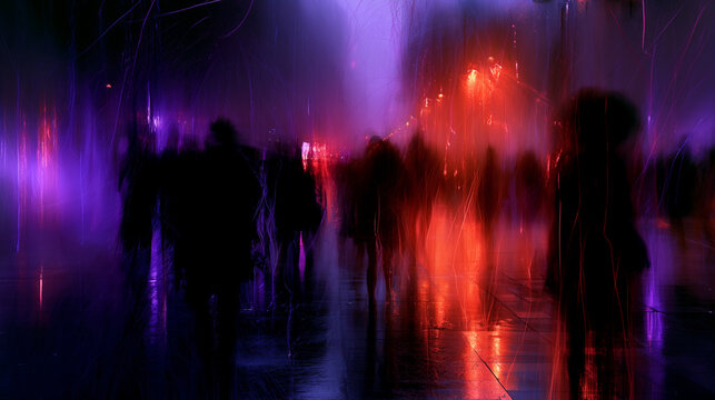 chaotic city movement with abstract motion at night, abstract urban nightlife with people and city lights, dynamic night city crowd with motion and colorful lights