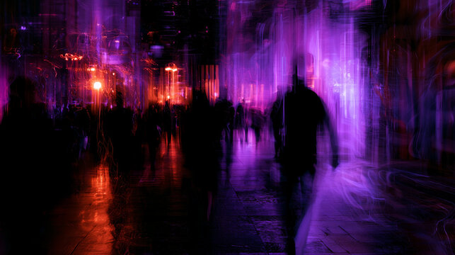 chaotic city movement with abstract motion at night, abstract urban nightlife with people and city lights, dynamic night city crowd with motion and colorful lights