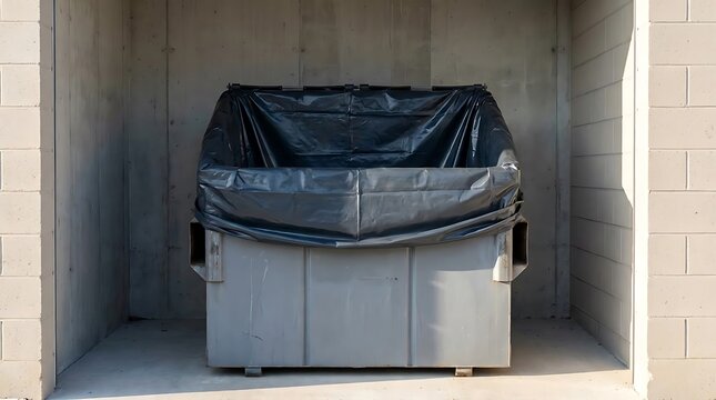 A heavy duty black plastic dumpster liner fitted inside a metal waste container positioned in a clean concrete storage area for industrial sanitation
