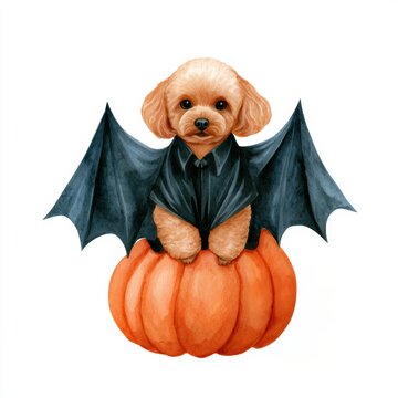 Cute dog dressed as a bat sitting inside a large orange pumpkin, blending Halloween and pet themes in a whimsical illustration.