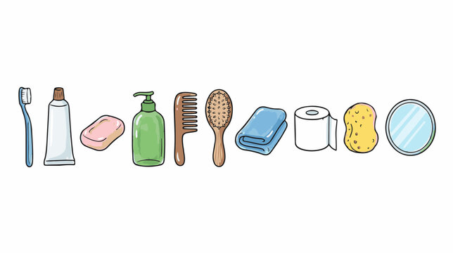 Bathroom hygiene icons set, personal care products vector collection, daily morning routine essentials, 10 hand-drawn grooming items