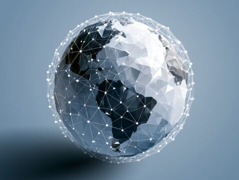 Abstract minimal globe formed by geometric shapes and connecting lines, global business network concept, clean modern vector design style. 