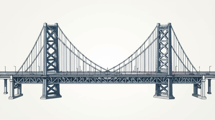 Fototapeta premium A detailed illustration of a large suspension bridge with two towers and connecting cables, rendered in a classic architectural drawing style.