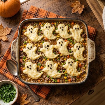 Halloween shepherd's pie with ghost shaped mashed potatoes in a baking dish