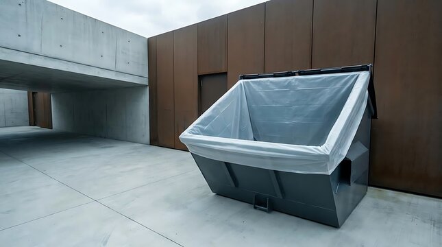 Industrial gray waste container with a heavy duty plastic dumpster liner in a minimalist architectural space featuring concrete floors and metallic walls.