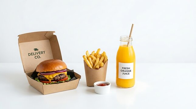 Takeaway burger meal with french fries and orange juice in cardboard packaging on white