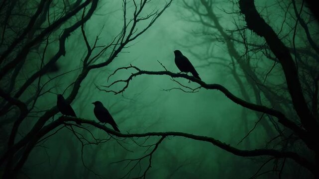 Silhouette birds perched on spooky branches against a misty green forest backdrop during twilight