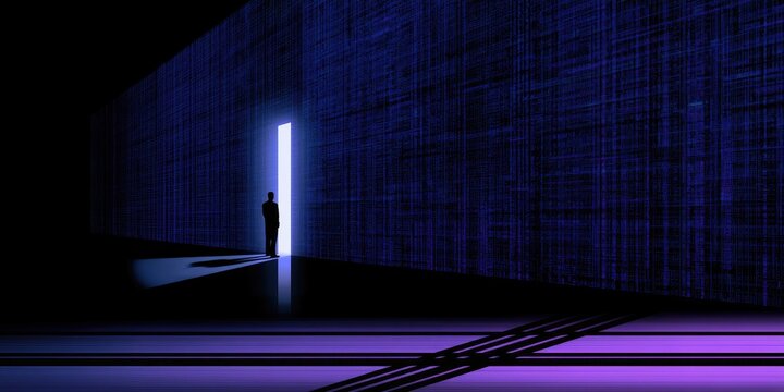 Silhouette of a person standing before a glowing doorway in a dark, digital-patterned hall