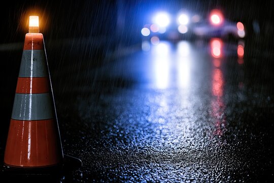 Orange traffic cone with flashing light on wet road at night