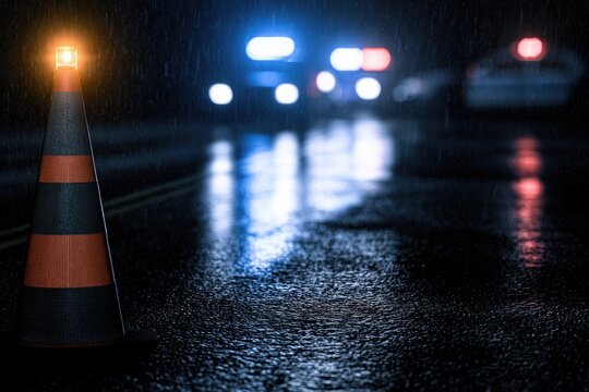 Illuminated cone and flashing lights on wet road at night