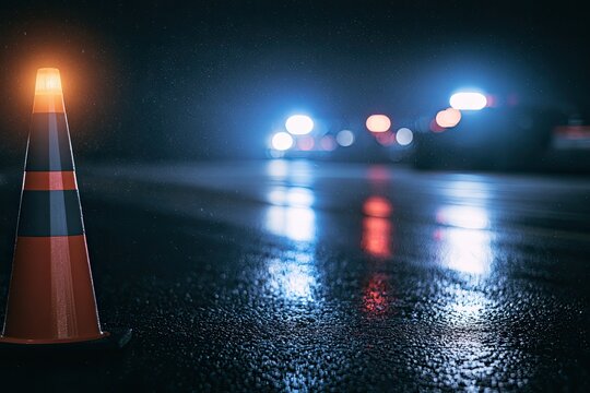 Bright traffic cone with flashing light on wet road at night