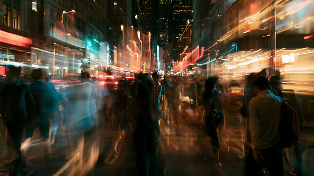 chaotic city movement with abstract motion at night, abstract urban nightlife with people and city lights, dynamic night city crowd with motion and colorful lights