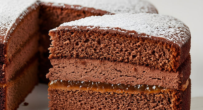 Delicious chocolate cake slice with powdered sugar on a transparent background