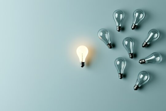 One illuminated bulb stands out among many unlit ones