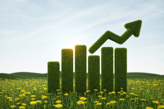 Green grass bars and arrow graph ascend over sunlit field of yellow flowers