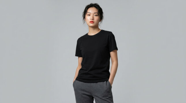 Young Asian woman in black t-shirt and grey pants standing confidently
