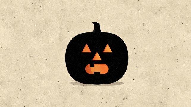 A minimalist black Halloween pumpkin silhouette with glowing orange facial features on a textured beige background.