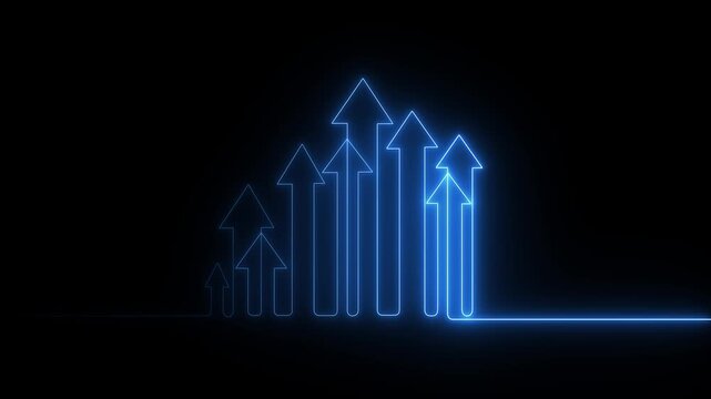 business growth bar chart and arrow icon black background, continuous one line art style financial success arrow, rising stock market chart..