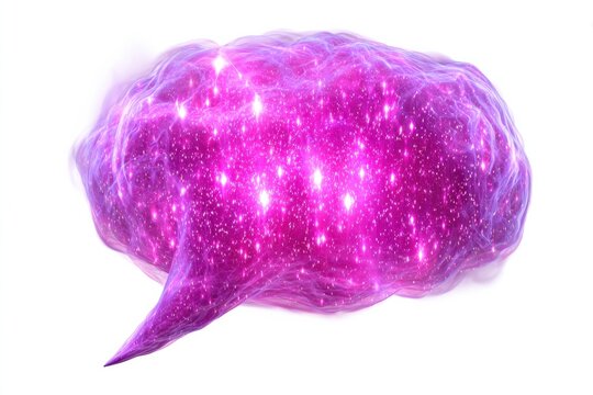 A vibrant, glowing purple speech bubble with intricate light patterns and sparkles, symbolizing communication and digital interaction.