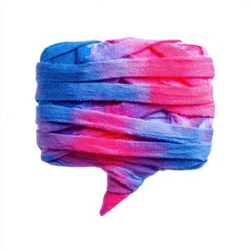 A textured speech bubble wrapped in pink, purple, and blue fabric, symbolizing communication and expression with a colorful, woven design.