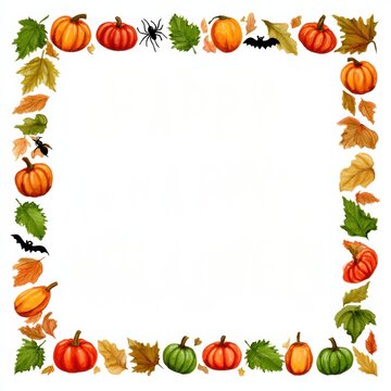 A festive autumn-themed square border with pumpkins, fall leaves, spiders, and bats, perfect for Halloween or Thanksgiving designs.