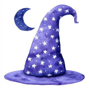 A watercolor illustration of a purple wizard hat decorated with white stars, accompanied by a crescent moon in the background.