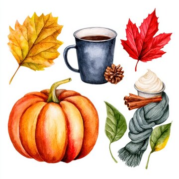 Autumn-themed watercolor illustration featuring a pumpkin, warm drink, colorful leaves, pinecone, cinnamon sticks, and a cozy scarf.