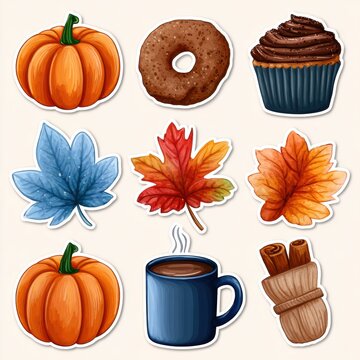 A colorful collection of autumn-themed stickers featuring pumpkins, leaves, a donut, a chocolate cupcake, a coffee cup, and cinnamon sticks.