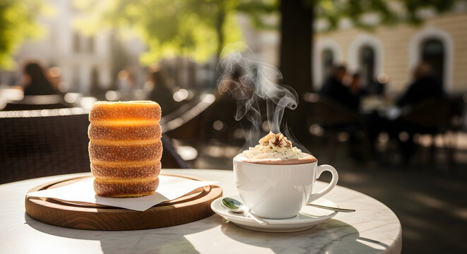 Delicious trdelnik pastry and coffee on a table outdoors with blurred people