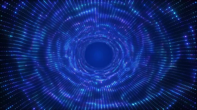 Abstract blue energy vortex tunnel with shimmering light particles in a dark cosmic void