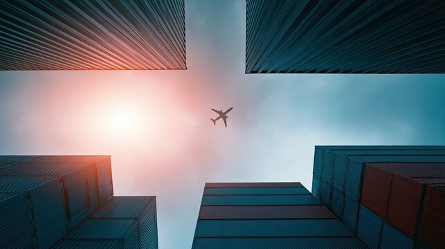 Airplane flies between towering modern buildings against a cloudy, sunlit sky