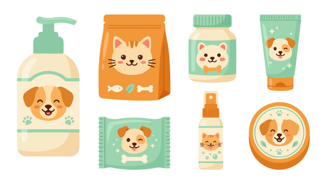 Cute kawaii pet care product packaging vector set with dog and cat face icons