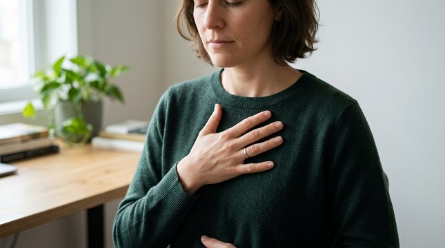 Woman practicing stress relief with hand on chest. Female professional performing deep breathing exercise for anxiety management at work.