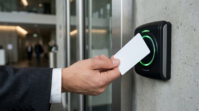 Business professional using contactless smart card for secure access. Corporate employee scanning RFID badge on electronic security reader terminal.