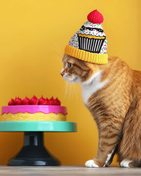 Ginger cat wearing cupcake hat beside birthday cake, playful pet portrait