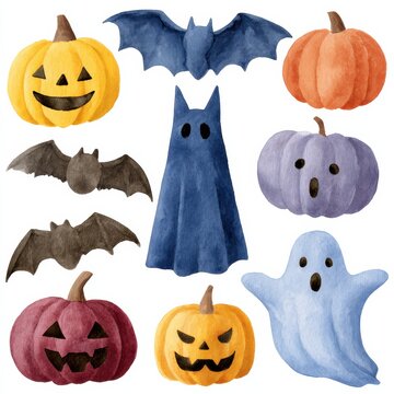 Watercolor Halloween-themed illustration featuring pumpkins, bats, and ghosts in various colors and expressions.