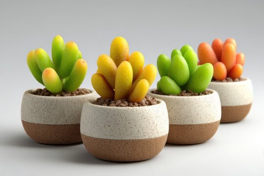 Four small potted succulents with colorful, rounded leaves in white and brown ceramic pots on a plain background.