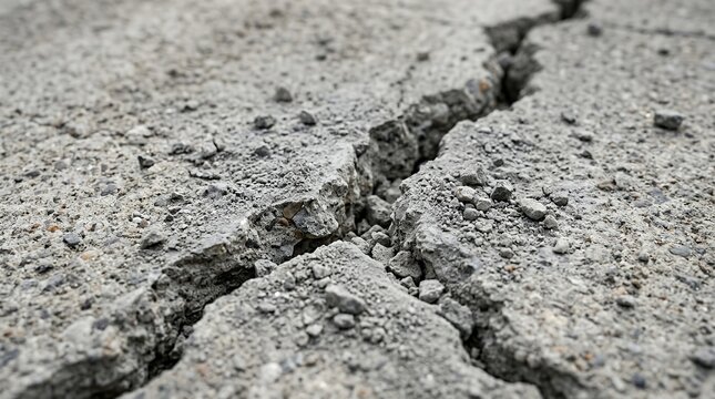 Macro view of fractured concrete texture. Seismic disaster damage on a dusty ground surface.