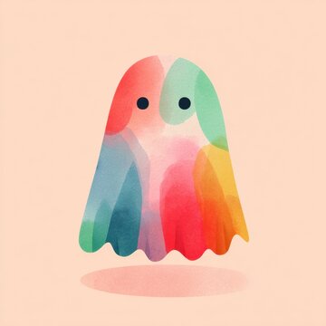 A colorful, abstract ghost figure with soft watercolor textures floats above a subtle shadow on a light peach background.