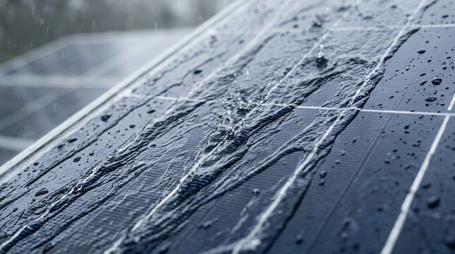 Rainwater flowing over solar panel surface during downpour. Close-up of photovoltaic cell glass with anti-reflective coating under wet weather cond...