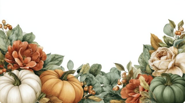 A festive autumn border featuring pumpkins, pinecones, chrysanthemums, roses, and green foliage.