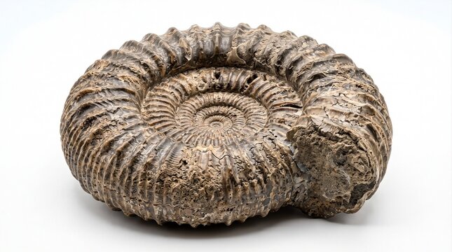 Ancient ammonite fossil showing a distinctive tightly coiled spiral shell and segmented surface, representing prehistoric marine life and paleontological history.