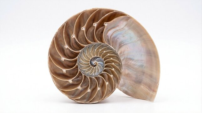 Natural ammonite shell cross section displaying a detailed spiral chamber structure, representing an ancient marine fossil specimen isolated on white.
