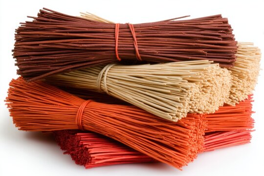 Bundles of natural reed or wicker sticks in various earthy colors, stacked and tied together, likely used for crafting or decorative purposes.