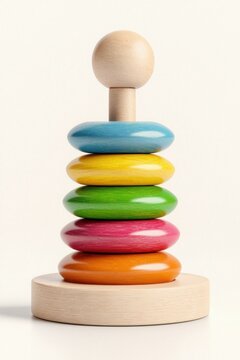 Colorful wooden stacking toy with five rings and a round wooden top on a neutral background.