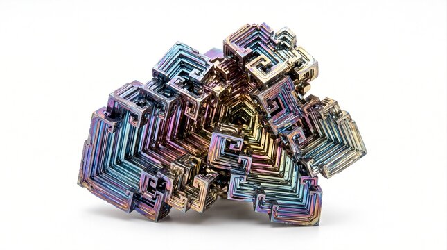 Iridescent bismuth crystal cluster showing colorful metallic surfaces and distinctive geometric stair-step formations isolated on a white background.