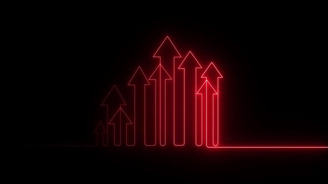 business growth bar chart and arrow icon black background, continuous one line art style financial success arrow, rising stock market chart..