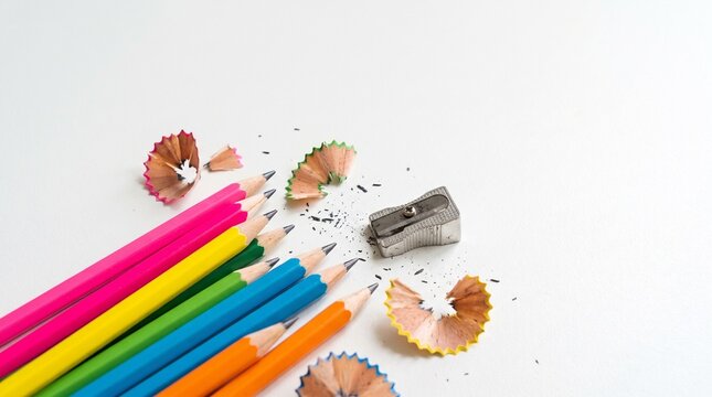 Colorful wooden pencils with sharpener and pencil shavings on white background, school supplies and education concept with copy space
