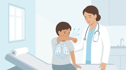 Obraz premium Doctor with child coughing into elbow, medical illustration